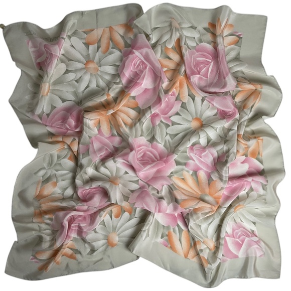 MILA SCHÔN Women's 100% Silk Scarf LUXURY Gray Pink Floral Logo EUC - Picture 2 of 7